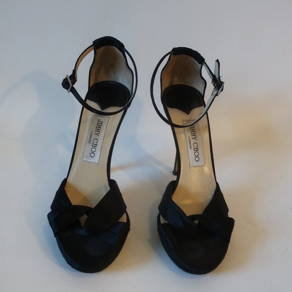 Womens Jimmy Choo Black Satin Ankle Strap Platform Open Toe Heels 37.5 US/7.5 * - Picture 4 of 12